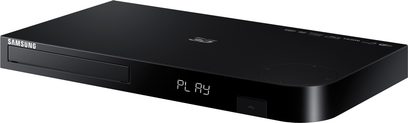 Samsung BD-H6500 sort Blu-ray-afspiller, frontvisning, LED-display "PLAY", blank frontpanel, trykfølsomme knapper