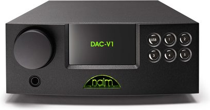Naim DAC-V1 USB audio-DAC-konverter, mat sort kabinet, grøn LCD-skærm, runde knapper, hovedtelefonstik