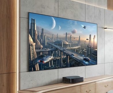 Nástěnný plochý televizor zobrazující futuristické město se zavěšenými silnicemi, mrakodrapy a planetami na obloze
