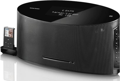 Harman Kardon MS100 Tischradio, schwarz, digitales Display, iPod-Dockingstation links, Bedienungstasten rechts