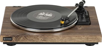 Hi-fi gramofon Rekkord Audio F300 dub, přenoska AT91, dubová povrchová úprava, pohled shora, raménko s přenoskou