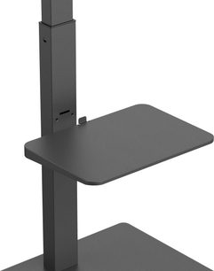 Norstone Pro Vision Plus black matte metal wall TV mount, close-up three-quarter view showing the perforated square column and the rectangular shelf with rounded corners