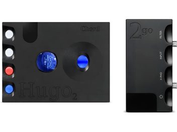 DAC per cuffie Chord Hugo 2 nero, chassis rettangolare con pulsanti colorati e finestra circolare blu, vista frontale e laterale