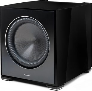 Paradigm XR 11 subwoofer i sort lak, kubisk, mørkegrå cirkulær højttaler, sølvfarvede fødder