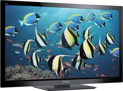 Panasonic TX-LF42E30 fladskærms-TV, der viser et undersøisk billede af gule og sorte fisk, der svømmer mellem koralrev