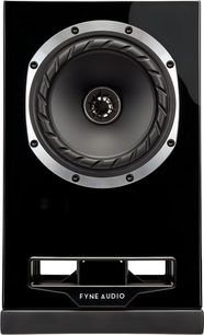 Fyne Audio F5S højglans sort bibliotekshøjttaler, koaksial højttaler med metalring, frontport, set forfra