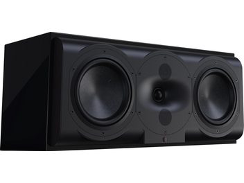 Altavoz central negro con caja rectangular, 2 altavoces circulares laterales, tweeter central y logotipo en la parte inferior