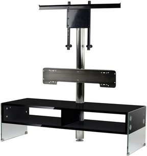 Sort TV-møbel med lodret TV-stander, 2 glashylder og sølvfarvede metalben