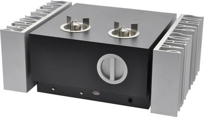 Pathos InPol Remix MkII stereoforstærker i mat sort, minimalistisk design med synlige toroidale transformatorer