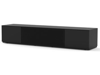 Svart Sonorous STA200P TV-møbel, frontvisning, lukkede dører, høyglans lakkert finish