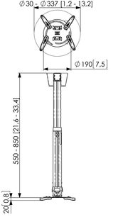 Vogel's PPC 1555 Sølv loftmontering til videoprojektor, frontvisning med dimensioner, sort-hvid teknisk tegning
