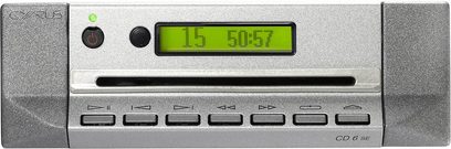 Enkel facade af en high-end Cyrus CD6-SE hi-fi CD-afspiller i børstet metal, grønt display, set forfra