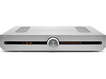 Roksan Attessa INT hõbedane stereo hi-fi võimendi, esivaatest, hõbedane esipaneel nuppude, kettaga ja oranži LED-ekraaniga