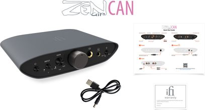 iFi Audio Zen Air Can sort hovedtelefon-forstærker, set ovenfra, forside med knapper og stik, USB-kabel, tekniske diagrammer