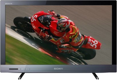 Televisore Sony KDL-26EX320 che mostra un motociclista in tuta rossa su una moto da corsa rossa numero 56 in azione su un circuito