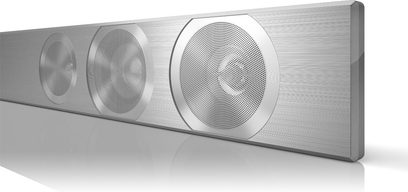 Stříbrný soundbar Panasonic SC-HTB570, pohled zepředu, na přední straně viditelné 3 kruhové reproduktory