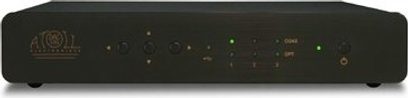 Atoll Electronique DAC100 sort audio DAC-konverter, forside med stik og lysende indikatorer, set forfra