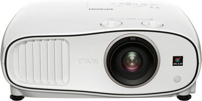 Epson EH-TW6600W hvid projektor set forfra, sort objektiv, 3LCD-logo