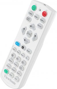 Hvid ViewSonic fjernbetjening til PX749-4K projektor med multifarvede knapper til tænd/sluk, menu, kilde, exit