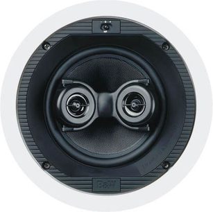 Vestavný reproduktor Bowers & Wilkins CCM 646S, pohled zepředu, černá mřížka se dvěma stříbrnými kruhovými reproduktory