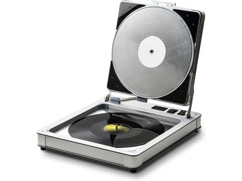Aplanador de vinil Pro-Ject Flatten it prateado, caixa aberta com disco de vinil preto e placa circular