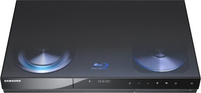 Samsung BD-C8500 sort Blu-ray-optager, set forfra, to blå lysende drejeknopper øverst