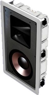 Klipsch KS-7800-THX inbyggd högtalare, perspektivisk frontvy, rektangulär grå basreflexlåda med svart högtalare och kopparfärgad diskant