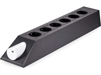 Sort iFi Audio Power Station multistikdåse med 6 runde stikkontakter på toppen, set fra oven i perspektiv