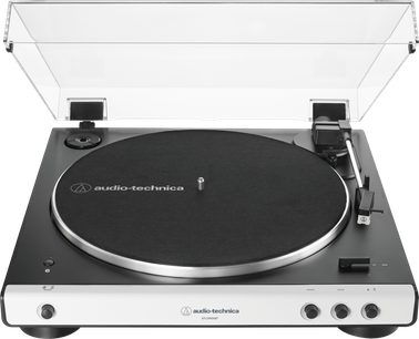 Witte Audio Technica AT-LP60XBT platenspeler, zwart plateau, rechte toonarm, transparante stofkap open