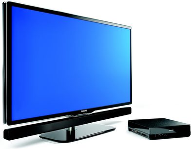 Philips 42PES0001H fladskærms-tv, sort ramme, sort fod og dekoderboks, skærmen viser en klar blå baggrund