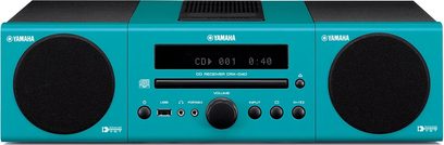Front view of the Yamaha MCR-040 turquoise mini hi-fi system, with CD player, USB and auxiliary ports, and two speakers