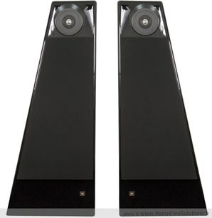 To JBL 250Ti Limited Edition højtalere i sort lak, set forfra, trapezformet, rundt centralt højttalerelement, blank finish