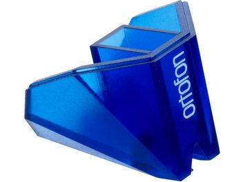 Ortofon 2M Blue Stylus diamond, bright angular body, diamond tip on dark gray support