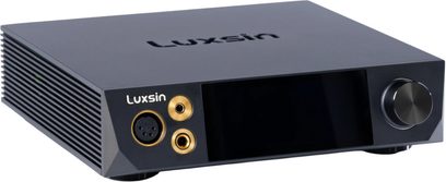 Hi-fi ausinių stiprintuvas Luxsin Audio X8, juodas, su aliuminio priekine panele, centriniu ekranu, auksinės spalvos ausinių lizdais ir dideliu garsumo reguliatoriumi