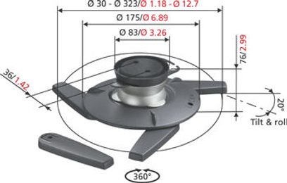 Vogel's EPC 6545 mørkegrå loftmontering til videoprojektor, eksploderet visning med mål, 360° rotation, +/- 20° hældning
