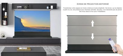 Ultra lühikese fookuskaugusega ekraan Future Screen EP5-R120H, eestvaade, maastikupilt, must madal mööbel, seinariiulid, pult