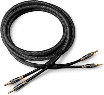 Cavo per altoparlanti o diffusori Norstone Jura MC 2 x 5m avvolto, con connettori a banana dorati e guaine nere intrecciate