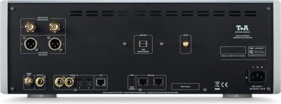 Odtwarzacz CD hi-fi T+A MP 2500 R G3, czarny panel tylny, srebrne krawędzie oraz złącza audio, USB i sieciowe