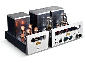 Preamplificador de auriculares de alta fidelidad Cayin HA-300MK2 plateado, vista en tres cuartos desde arriba, carcasa de aluminio cepillado de doble chasis con frontal calado, tomas para auriculares, botón de volumen y tubos de vacío luminosos a la vista