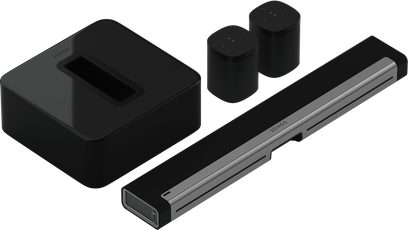 Sonos Playbar + One (Gen 2) + SUB sort soundbar-pakke, 3 sorte højttalere, 1 rektangulær soundbar, 2 kuber, set forfra