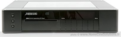 Meridian G08.2 24-bit sort CD-afspiller, set forfra, med display, CD-skuffe, knapper og tilslutninger på bagsiden