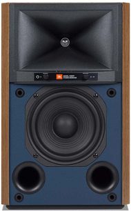 JBL 4305P studiehøjttaler, frontpanel, frontvisning, mørkt træhøjttaler, sort højttaler, sølvfarvet diskant, blå LED-display