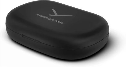 Fone de ouvido intra-auricular VERIO 200, caixa preta fosca, forma oval, logotipo visível, vista em perspectiva, fundo branco
