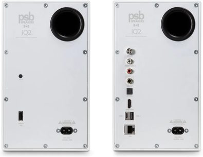 PSB iQ2 bílé, zadní pohled na dva připojené reproduktory s bassreflexem a audio konektivitou, HDMI, USB a LAN