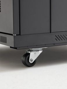Norstone Pro Rack 27U dataskap med synlig nedre hjørne, svart svinghjul og grå metalloverflate
