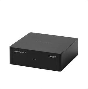 Kompakt, sort Tangent PowerAmpster III hi-fi-effektforstærker, set i trekvart profil forfra