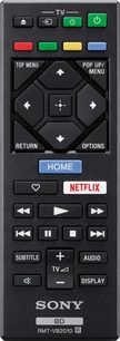 Leitor Blu-ray 4K Sony UBP-X700, controle remoto preto, botões coloridos, setas direcionais, logotipo da Netflix, vista frontal