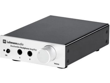 Lehmann Audio Drachenfels headphone amplifier in silver, rectangular metal housing, front panel with knobs and jack inputs