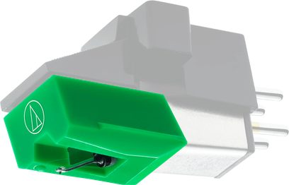 Leuchtend grüne Audio-Technica ATN95E-Abtastnadel für Plattenspieler, Nahaufnahme des Headshells und des Abtaststifts