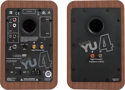 Set de două boxe inteligente Kanto YU4 din lemn de nuc, carcasă din lemn cu finisaj de nuc, vedere din spate ce prezintă panouri negre cu port bass-reflex circular, borne cu șurub, prize RCA, intrări optice, port USB și întrerupător de alimentare.